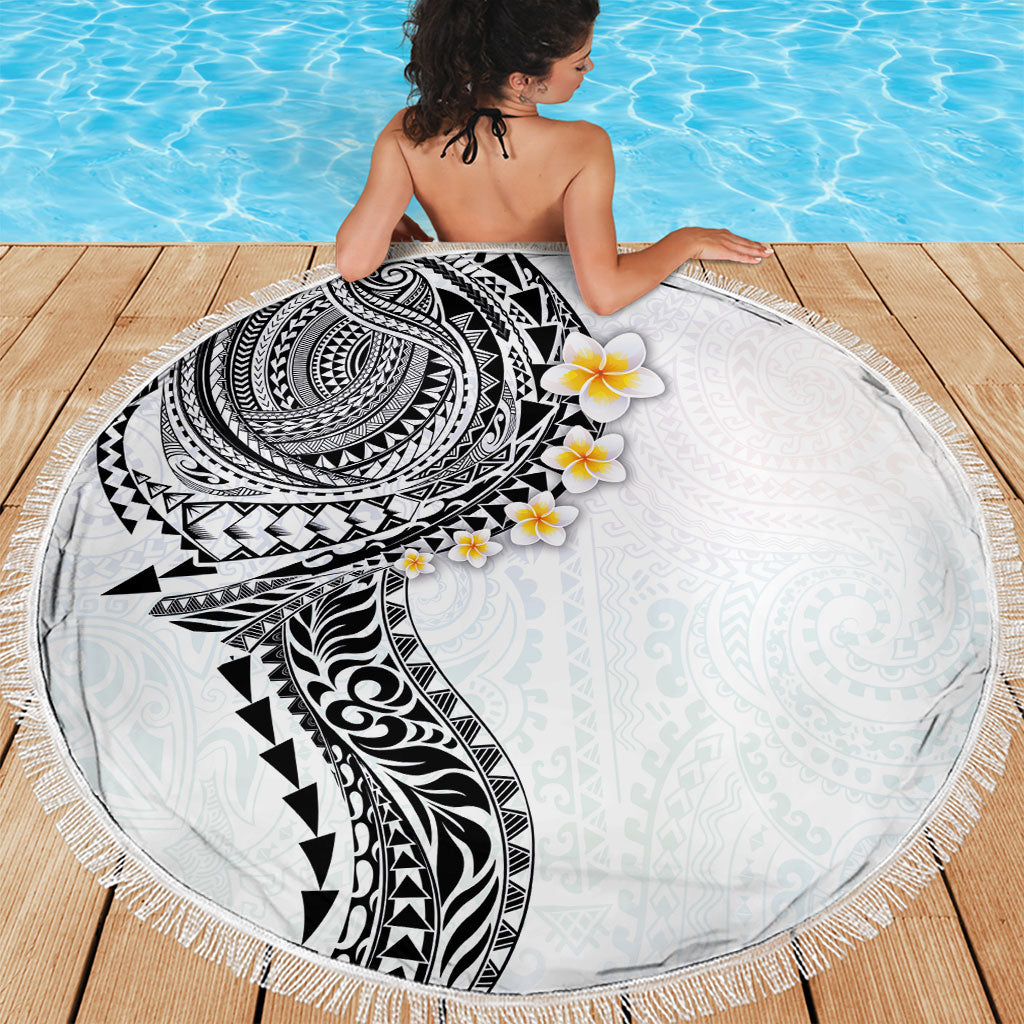 Hawaiian Tribal Tattoo and Plumeria Beach Blanket Polynesian Pattern White Color