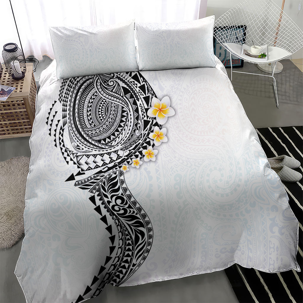 Hawaiian Tribal Tattoo and Plumeria Bedding Set Polynesian Pattern White Color