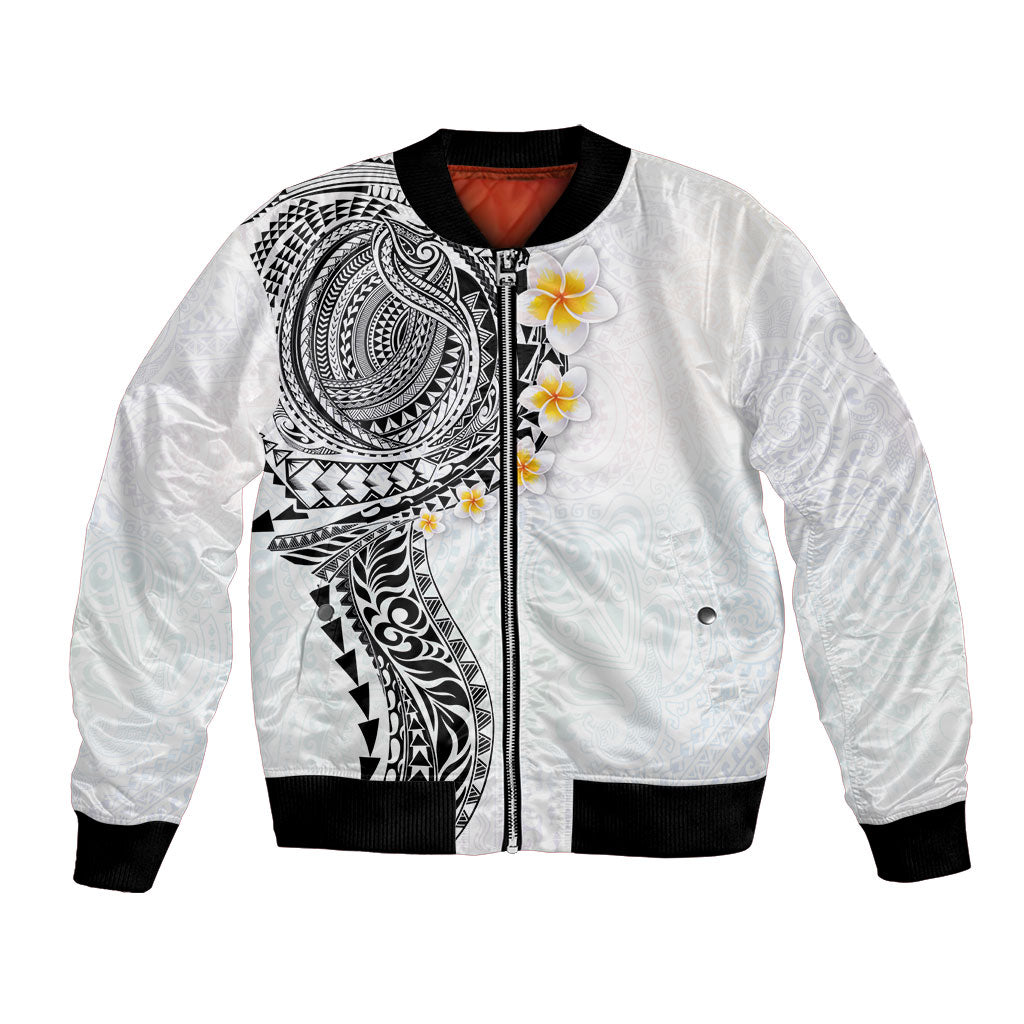 Hawaiian Tribal Tattoo and Plumeria Bomber Jacket Polynesian Pattern White Color