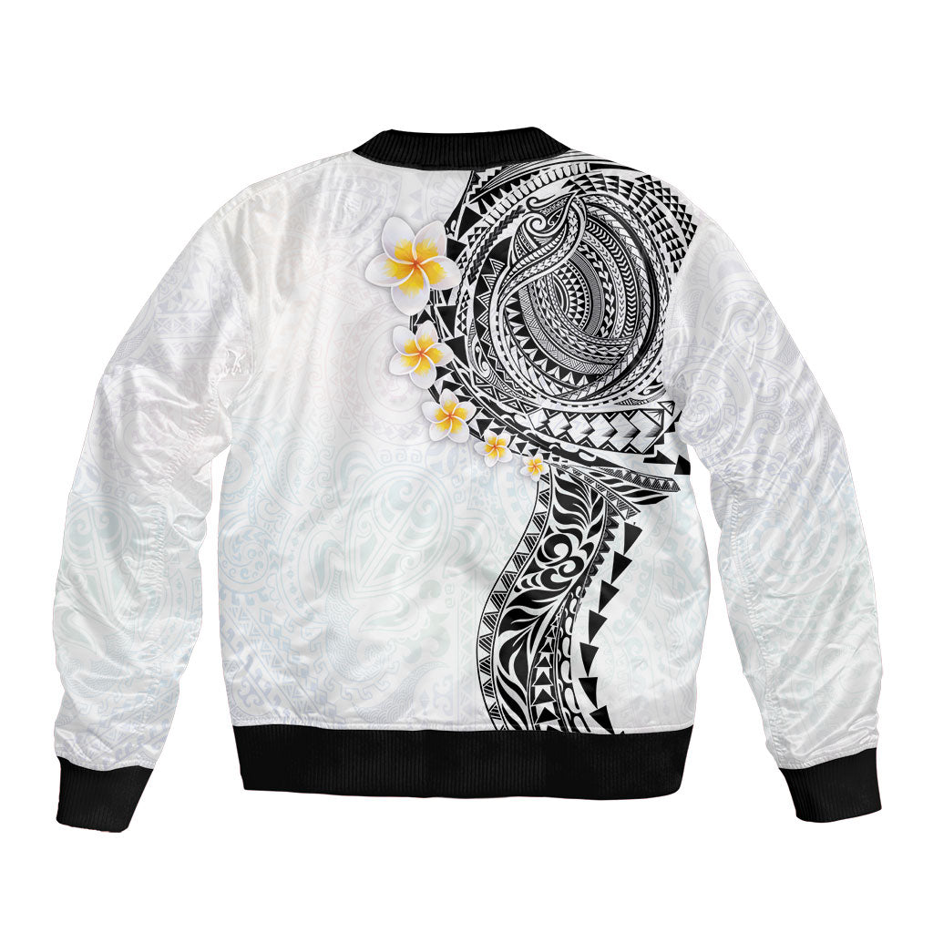 Hawaiian Tribal Tattoo and Plumeria Bomber Jacket Polynesian Pattern White Color