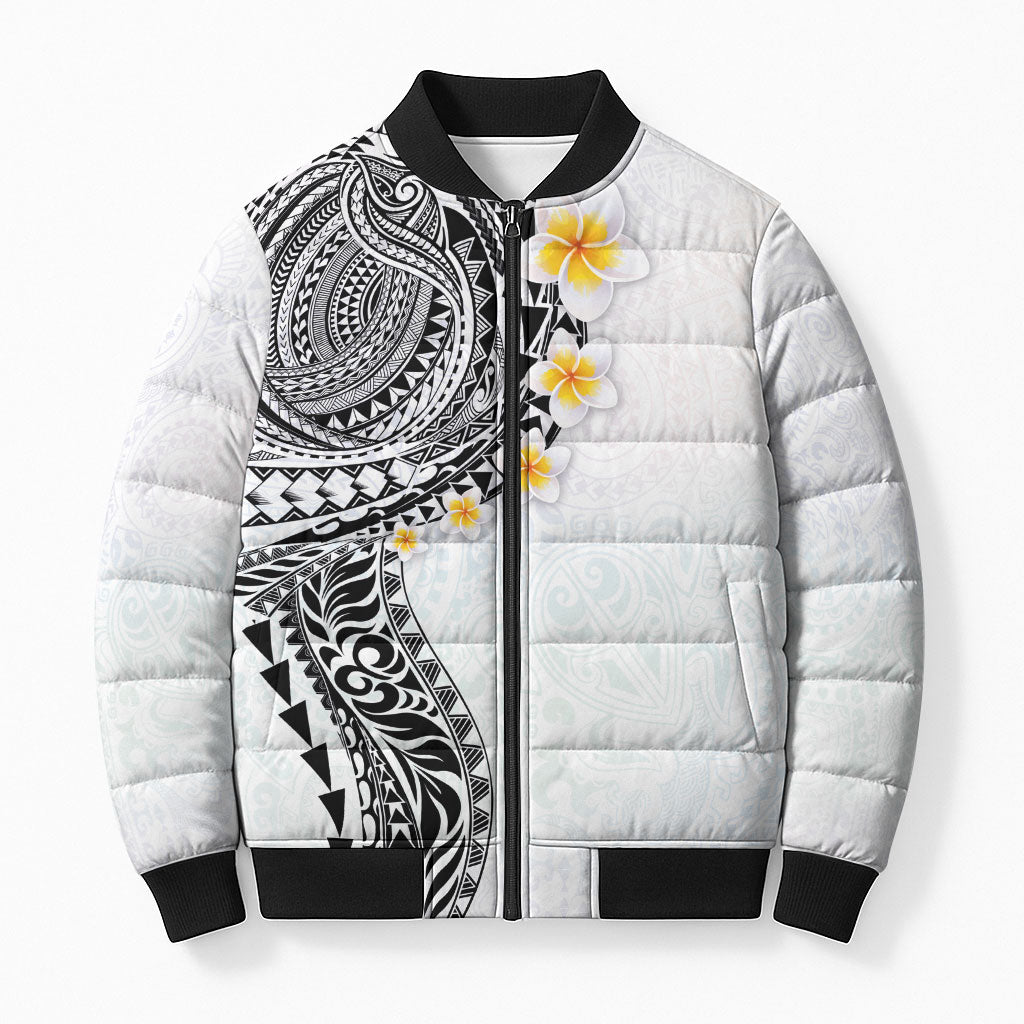Hawaiian Tribal Tattoo and Plumeria Bomber Puffer Jacket Polynesian Pattern White Color