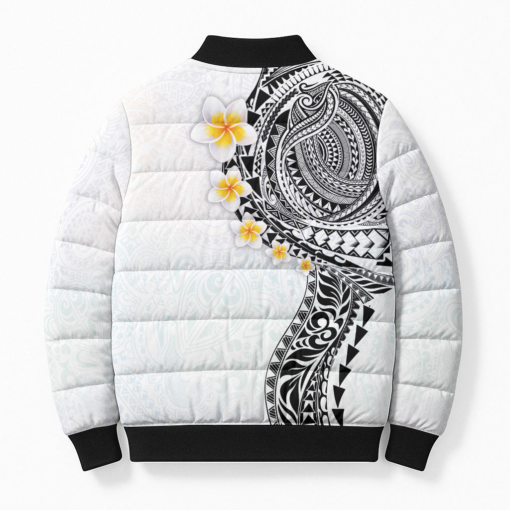 Hawaiian Tribal Tattoo and Plumeria Bomber Puffer Jacket Polynesian Pattern White Color