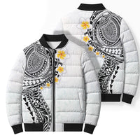 Hawaiian Tribal Tattoo and Plumeria Bomber Puffer Jacket Polynesian Pattern White Color