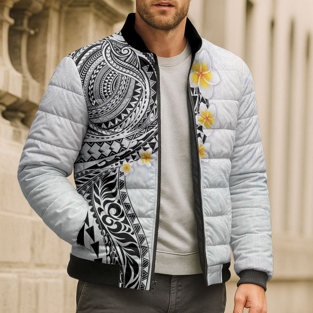 Hawaiian Tribal Tattoo and Plumeria Bomber Puffer Jacket Polynesian Pattern White Color
