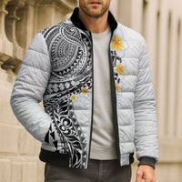 Hawaiian Tribal Tattoo and Plumeria Bomber Puffer Jacket Polynesian Pattern White Color