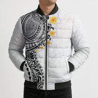 Hawaiian Tribal Tattoo and Plumeria Bomber Puffer Jacket Polynesian Pattern White Color