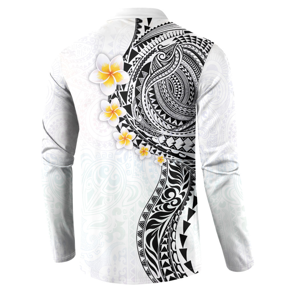 Hawaiian Tribal Tattoo and Plumeria Button Sweatshirt Polynesian Pattern White Color