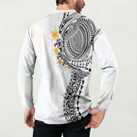 Hawaiian Tribal Tattoo and Plumeria Button Sweatshirt Polynesian Pattern White Color