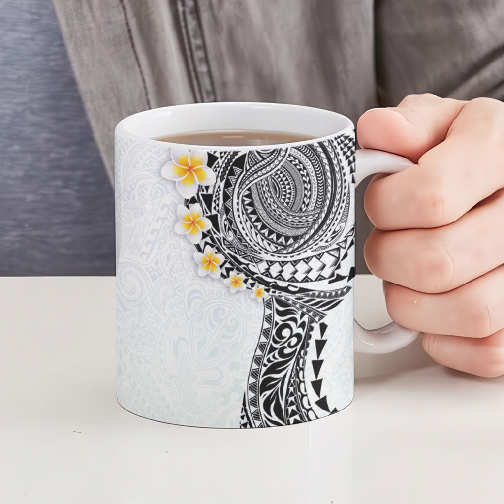 Hawaiian Tribal Tattoo and Plumeria Ceramic Mug Polynesian Pattern White Color