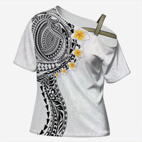 Hawaiian Tribal Tattoo and Plumeria Cross Shoulder Shirt Polynesian Pattern White Color