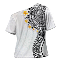 Hawaiian Tribal Tattoo and Plumeria Cross Shoulder Shirt Polynesian Pattern White Color