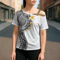 Hawaiian Tribal Tattoo and Plumeria Cross Shoulder Shirt Polynesian Pattern White Color
