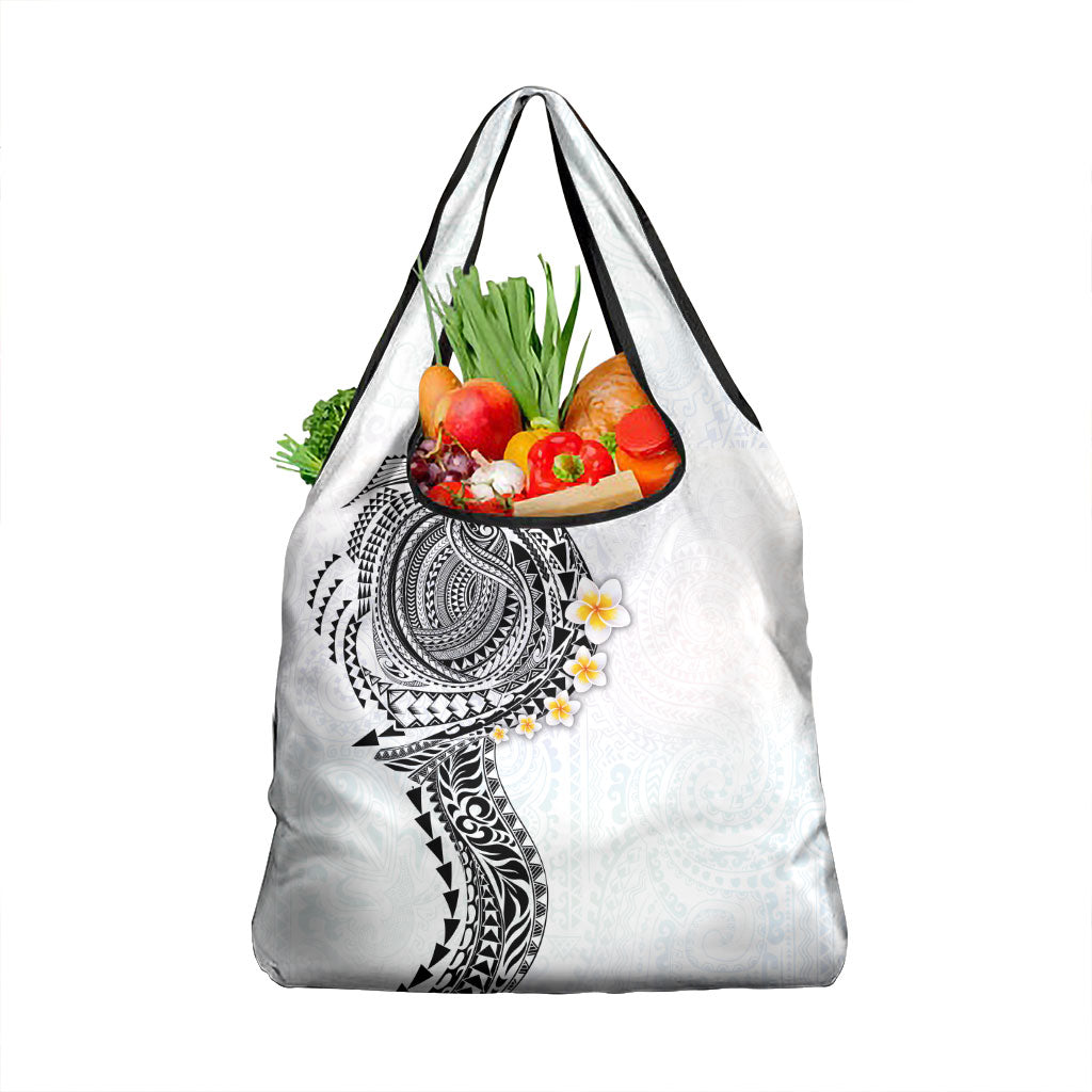 Hawaiian Tribal Tattoo and Plumeria Grocery Bag Polynesian Pattern White Color