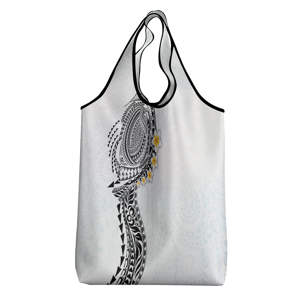 Hawaiian Tribal Tattoo and Plumeria Grocery Bag Polynesian Pattern White Color