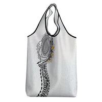 Hawaiian Tribal Tattoo and Plumeria Grocery Bag Polynesian Pattern White Color