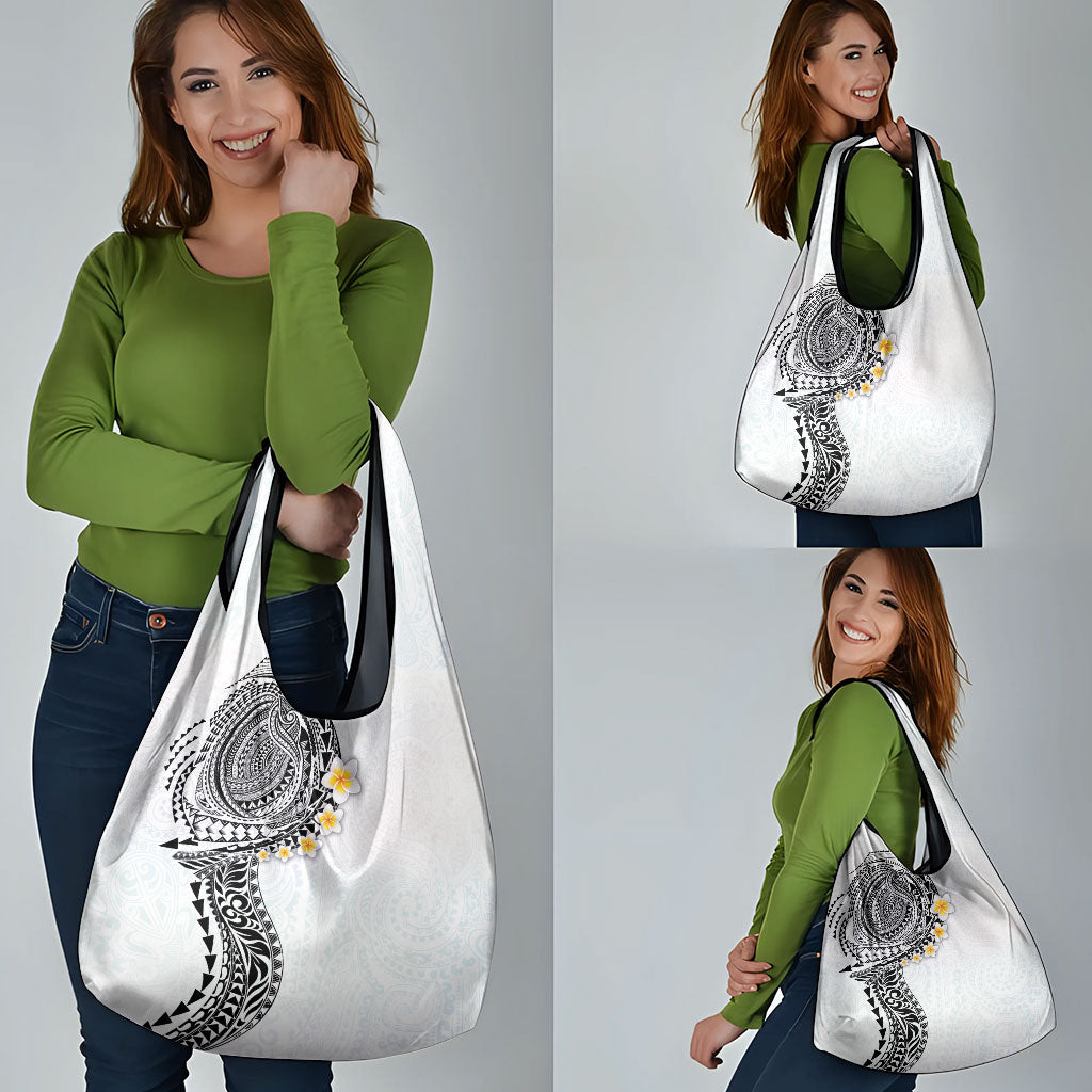 Hawaiian Tribal Tattoo and Plumeria Grocery Bag Polynesian Pattern White Color