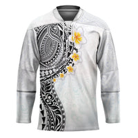 Hawaiian Tribal Tattoo and Plumeria Hockey Jersey Polynesian Pattern White Color