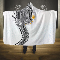 Hawaiian Tribal Tattoo and Plumeria Hooded Blanket Polynesian Pattern White Color