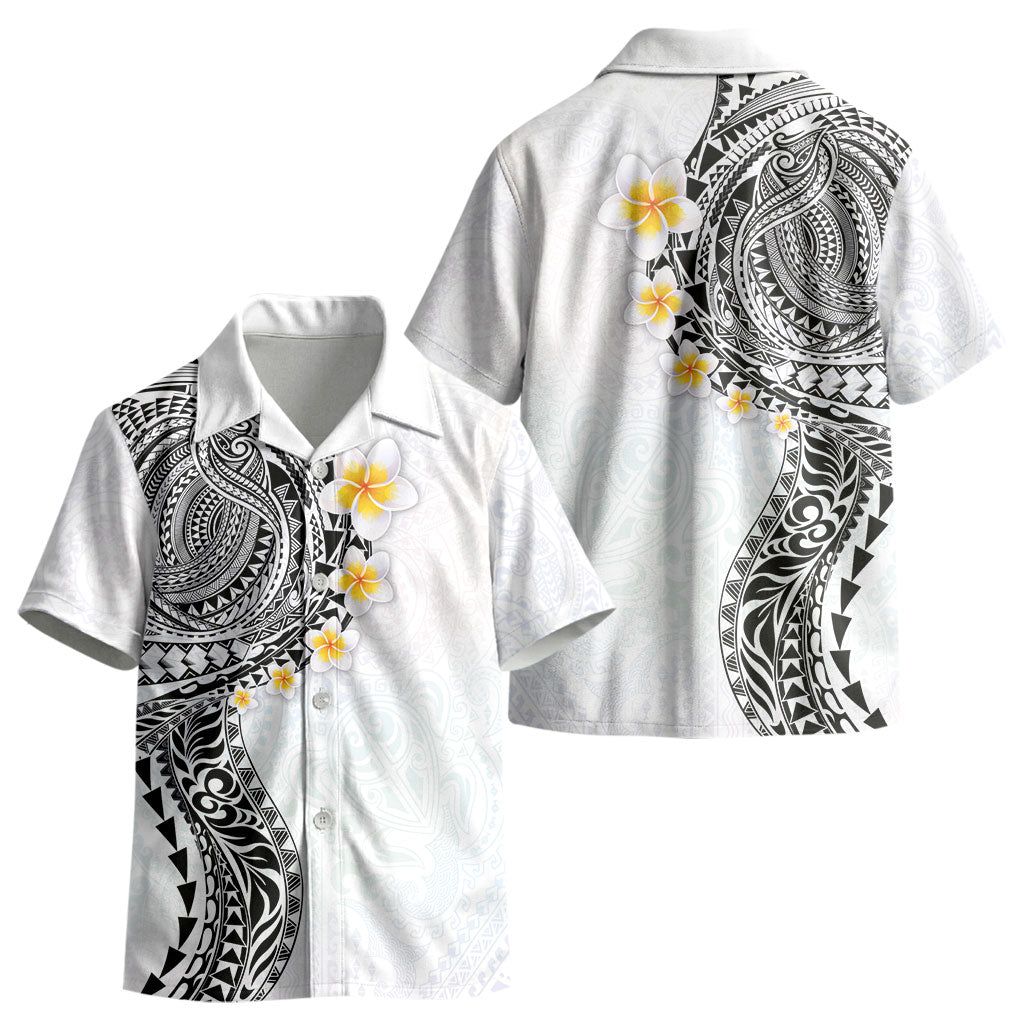 Hawaiian Tribal Tattoo and Plumeria Kid Hawaiian Shirt Polynesian Pattern White Color