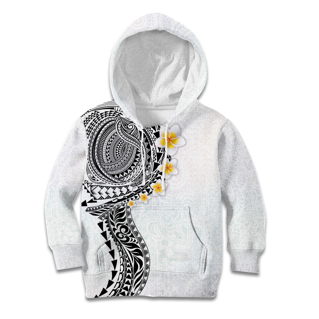 Hawaiian Tribal Tattoo and Plumeria Kid Hoodie Polynesian Pattern White Color