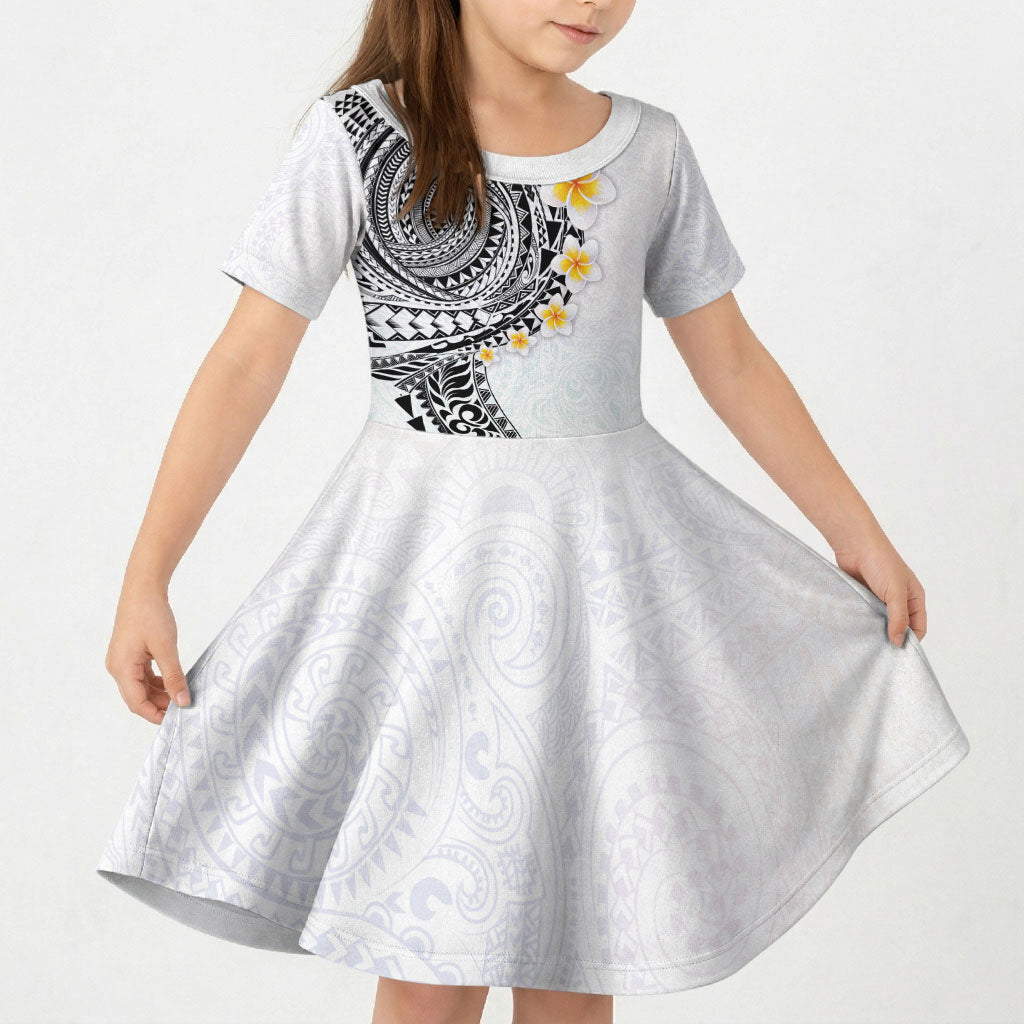 Hawaiian Tribal Tattoo and Plumeria Kid Short Sleeve Dress Polynesian Pattern White Color