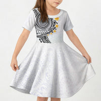 Hawaiian Tribal Tattoo and Plumeria Kid Short Sleeve Dress Polynesian Pattern White Color