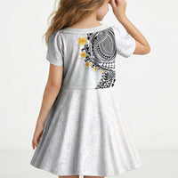 Hawaiian Tribal Tattoo and Plumeria Kid Short Sleeve Dress Polynesian Pattern White Color