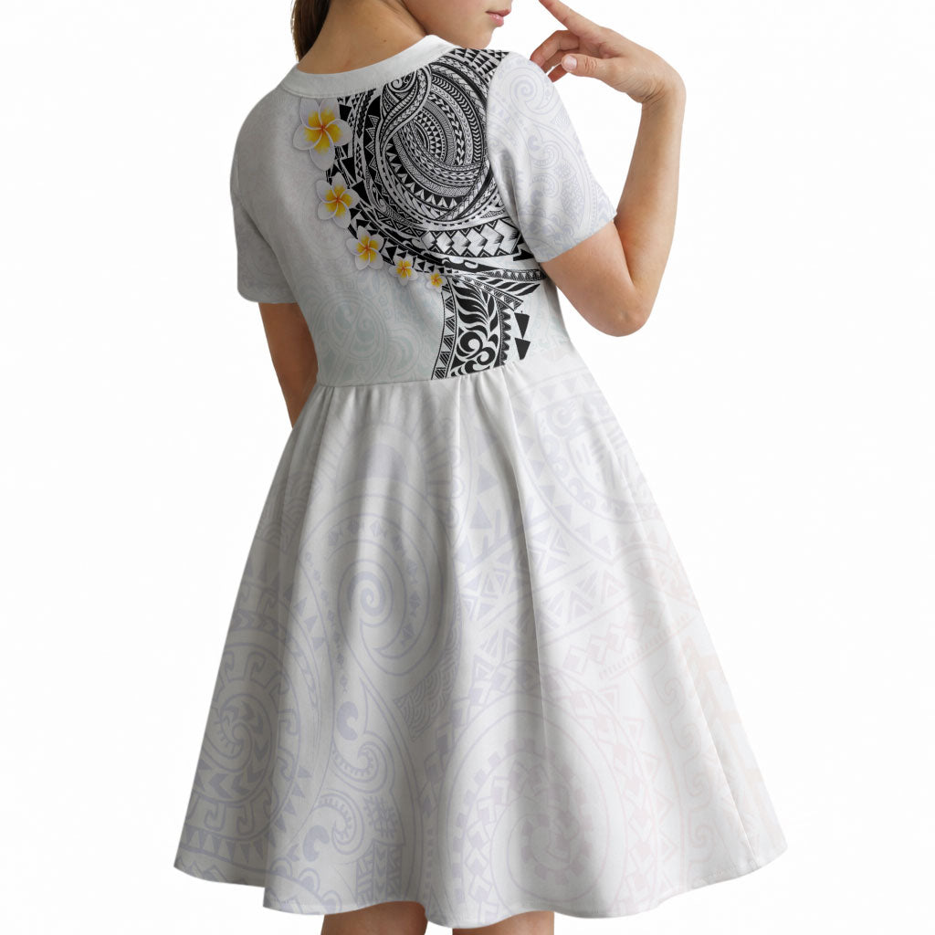 Hawaiian Tribal Tattoo and Plumeria Kid Short Sleeve Dress Polynesian Pattern White Color