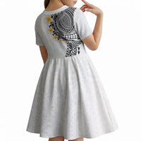 Hawaiian Tribal Tattoo and Plumeria Kid Short Sleeve Dress Polynesian Pattern White Color
