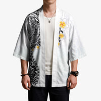 Hawaiian Tribal Tattoo and Plumeria Kimono Polynesian Pattern White Color