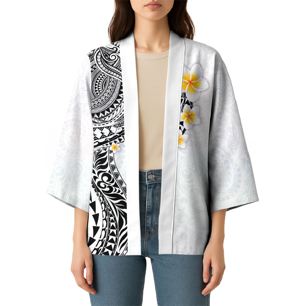 Hawaiian Tribal Tattoo and Plumeria Kimono Polynesian Pattern White Color