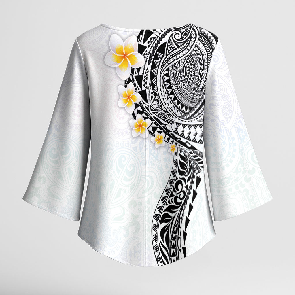 Hawaiian Tribal Tattoo and Plumeria Kimono Sleeve Blouse Polynesian Pattern White Color