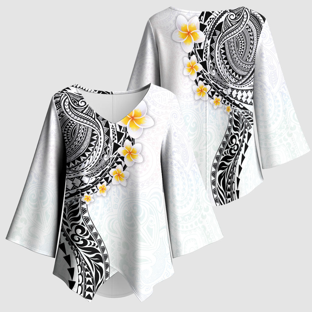 Hawaiian Tribal Tattoo and Plumeria Kimono Sleeve Blouse Polynesian Pattern White Color