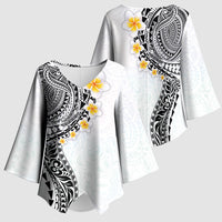 Hawaiian Tribal Tattoo and Plumeria Kimono Sleeve Blouse Polynesian Pattern White Color