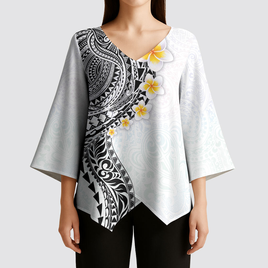 Hawaiian Tribal Tattoo and Plumeria Kimono Sleeve Blouse Polynesian Pattern White Color