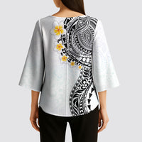 Hawaiian Tribal Tattoo and Plumeria Kimono Sleeve Blouse Polynesian Pattern White Color