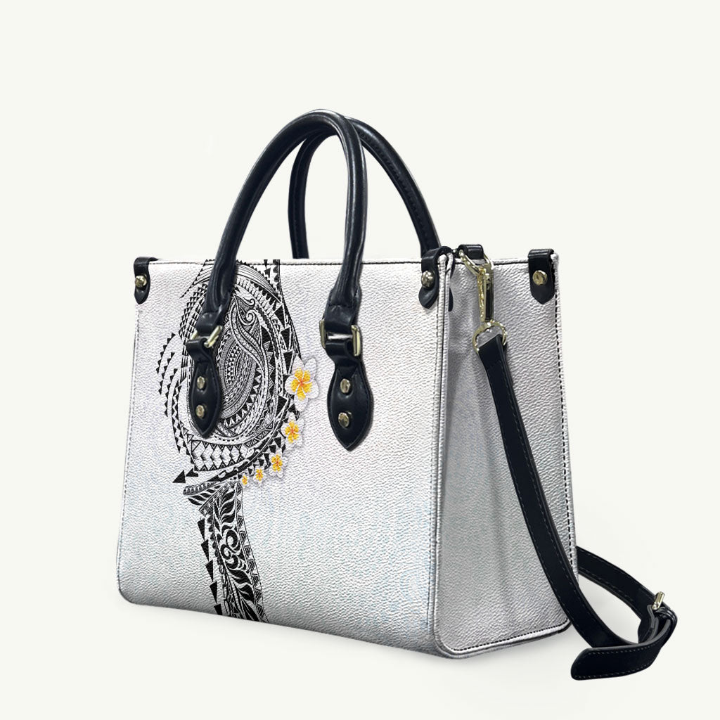 Hawaiian Tribal Tattoo and Plumeria Leather Bag Polynesian Pattern White Color