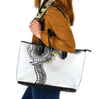 Hawaiian Tribal Tattoo and Plumeria Leather Tote Bag Polynesian Pattern White Color
