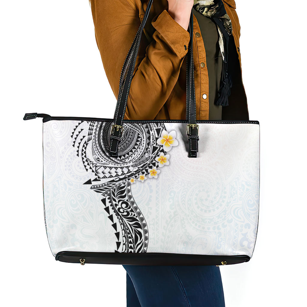 Hawaiian Tribal Tattoo and Plumeria Leather Tote Bag Polynesian Pattern White Color