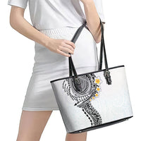 Hawaiian Tribal Tattoo and Plumeria Leather Tote Bag Polynesian Pattern White Color