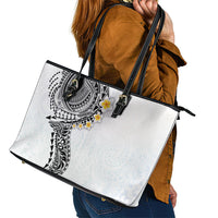 Hawaiian Tribal Tattoo and Plumeria Leather Tote Bag Polynesian Pattern White Color