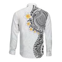 Hawaiian Tribal Tattoo and Plumeria Long Sleeve Button Shirt Polynesian Pattern White Color