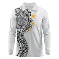 Hawaiian Tribal Tattoo and Plumeria Long Sleeve Polo Shirt Polynesian Pattern White Color