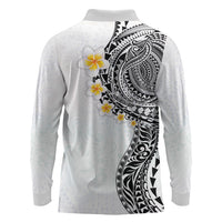 Hawaiian Tribal Tattoo and Plumeria Long Sleeve Polo Shirt Polynesian Pattern White Color