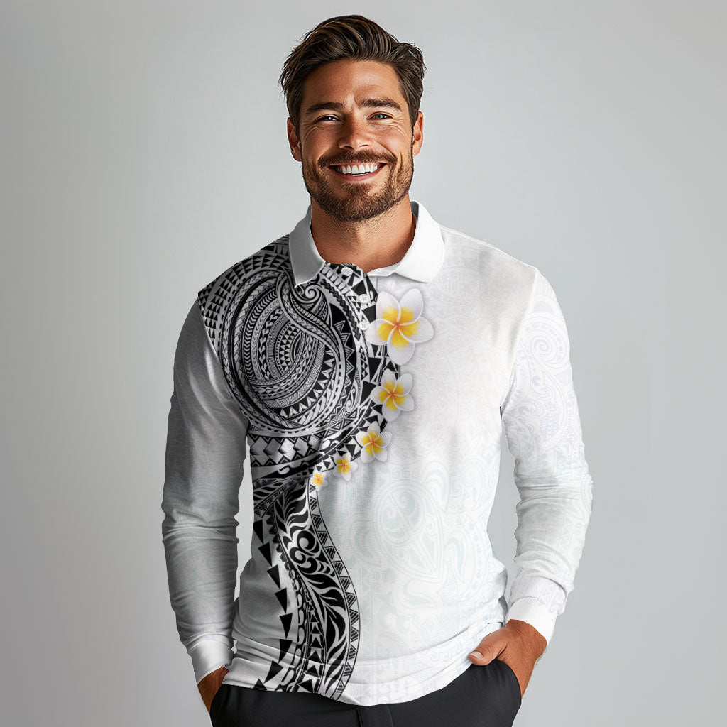 Hawaiian Tribal Tattoo and Plumeria Long Sleeve Polo Shirt Polynesian Pattern White Color