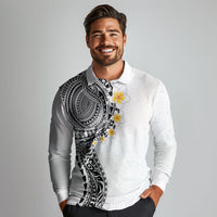 Hawaiian Tribal Tattoo and Plumeria Long Sleeve Polo Shirt Polynesian Pattern White Color