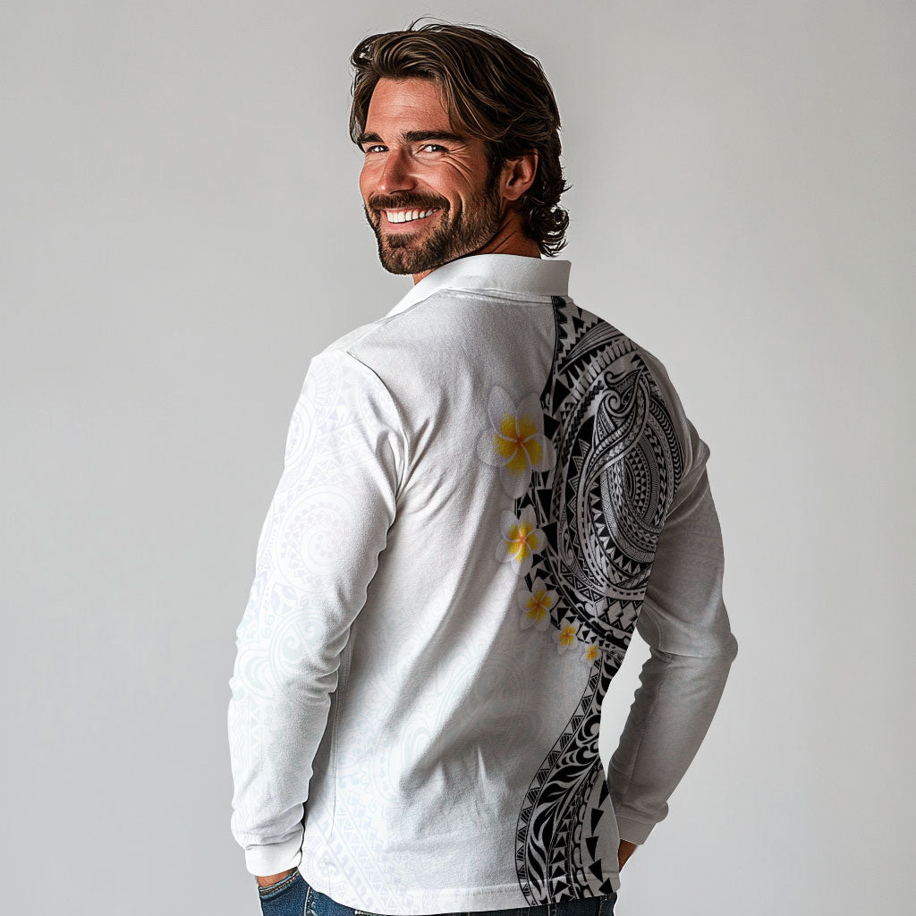 Hawaiian Tribal Tattoo and Plumeria Long Sleeve Polo Shirt Polynesian Pattern White Color