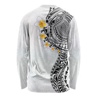 Hawaiian Tribal Tattoo and Plumeria Long Sleeve Shirt Polynesian Pattern White Color