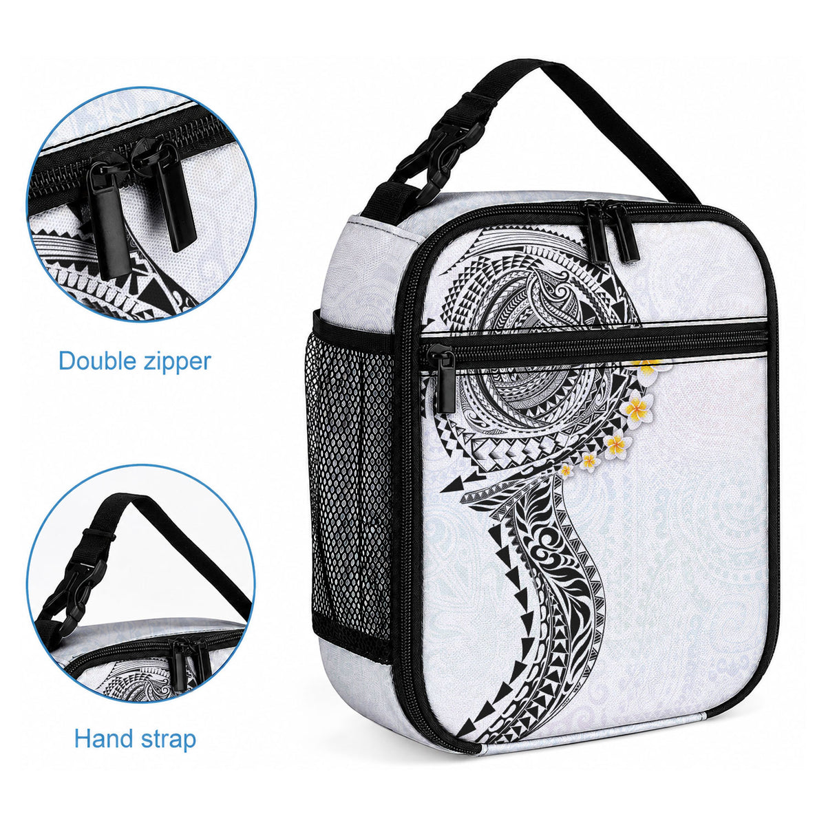 Hawaiian Tribal Tattoo and Plumeria Lunch Bag Polynesian Pattern White Color