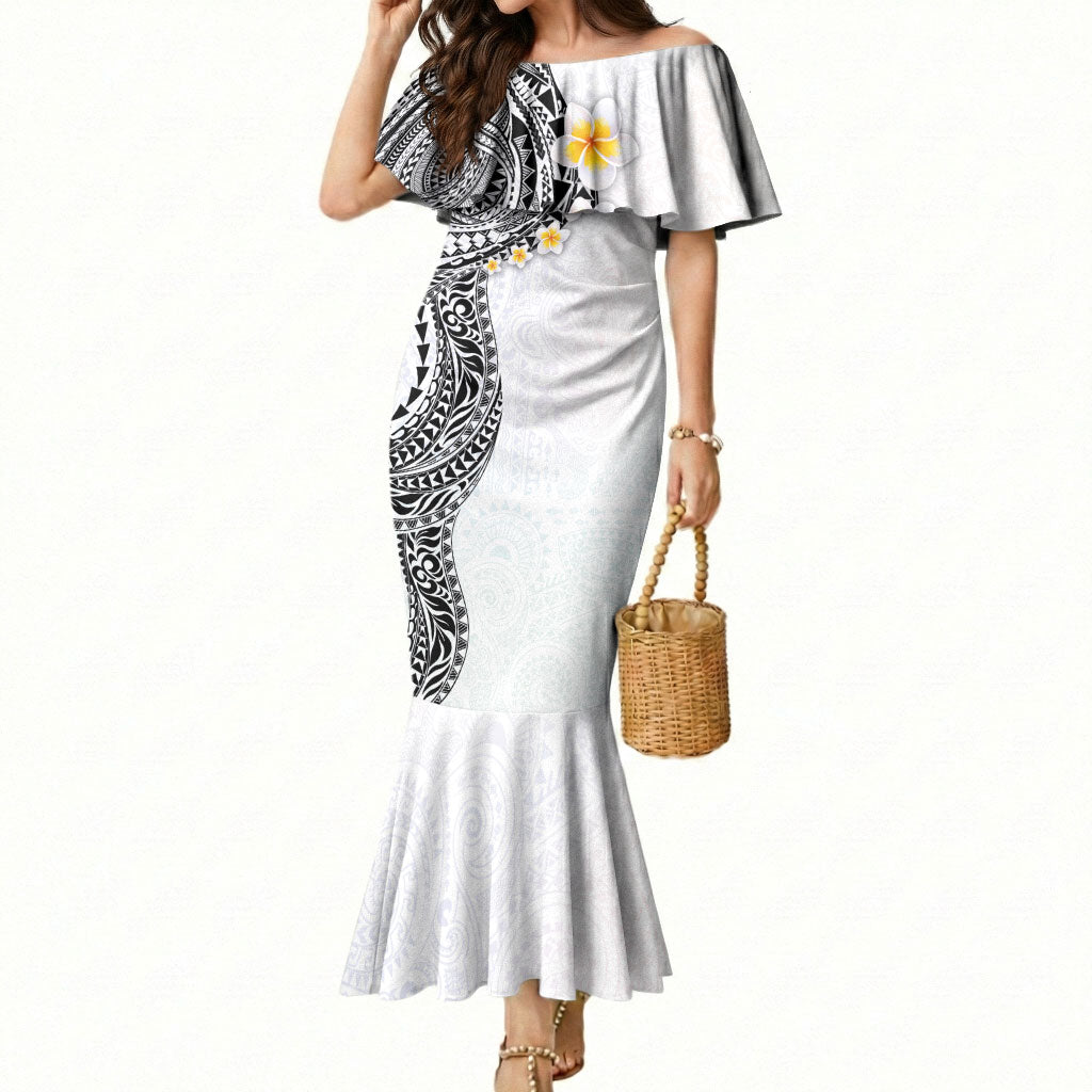 Hawaiian Tribal Tattoo and Plumeria Mermaid Dress Polynesian Pattern White Color